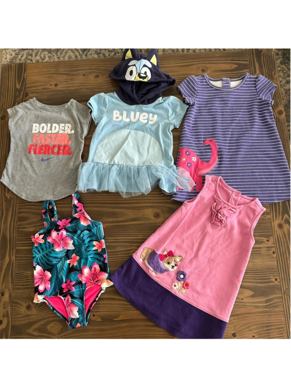 Girls Clothing Lot 2T Nike Bluey Dress Swimsuit Corgi Dino 5 Pc